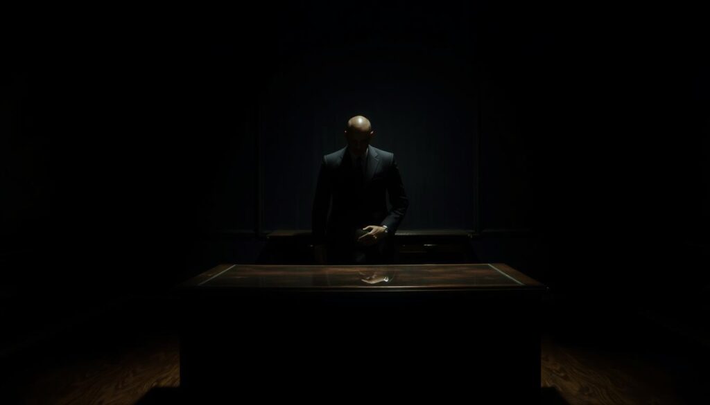 A dimly lit room, the walls shrouded in shadows, casting an oppressive atmosphere. In the center, a large desk dominates the space, its surface polished to a gleam, symbolizing authority and control. Looming over the desk, a figure, their face obscured by darkness, radiates a sense of unease and foreboding. The lighting is harsh, casting sharp contrasts and emphasizing the tension in the room. The air is thick with a palpable sense of fear, loyalty, and the implicit demand for compliance. The scene is a manifestation of the complex and unsettling dynamics of power and subjugation.