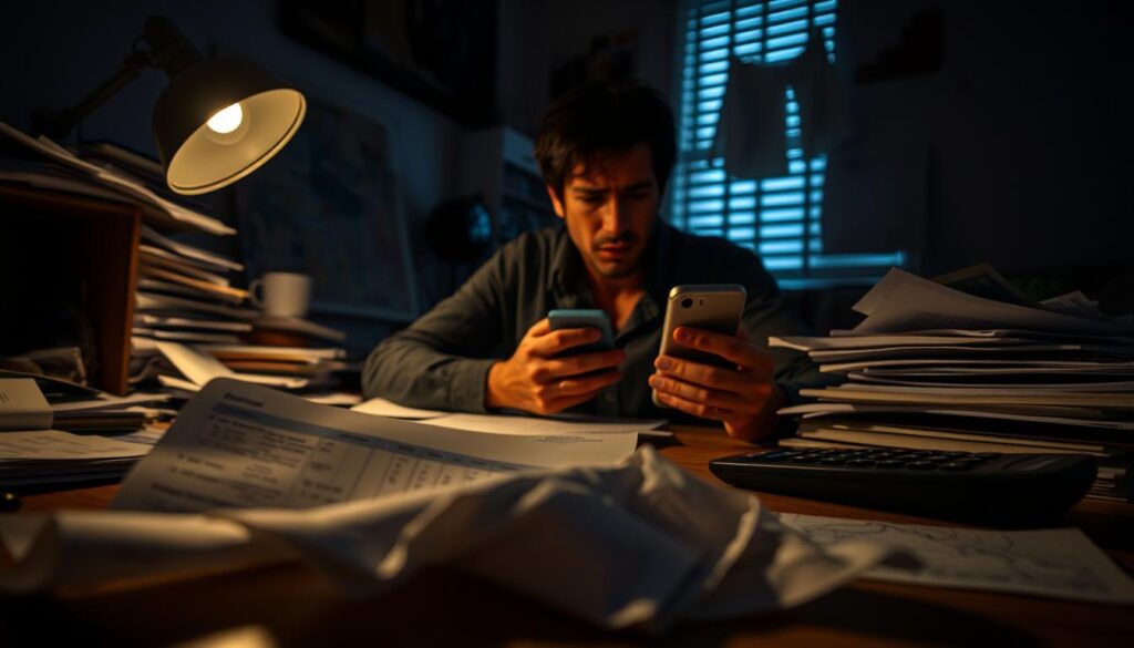 A dimly lit room with a cluttered desk, documents, bills, and a calculator strewn about. A troubled expression on a person's face as they stare at their phone, surrounded by a sense of financial unease. Harsh, dramatic lighting casts shadows, emphasizing the anxiety and distress of the scene. A crumpled bank statement lies in the foreground, hinting at the financial manipulation and control at play. The atmosphere is one of discomfort, uncertainty, and a growing awareness of the warning signs of financial abuse.