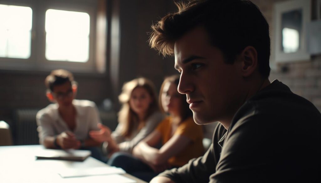 A dimly lit room with a group of people sitting around a table, engaged in a discussion. The foreground features a close-up of a person's face, conveying a sense of introspection and deep thought. The middle ground shows the other people in the group, their expressions varying from attentive to contemplative. The background is softly blurred, creating a sense of depth and focus on the central figures. The lighting is warm and natural, casting a gentle glow on the faces of the participants. The overall atmosphere is one of scholarly exploration, as the group delves into the intricacies of the mere exposure effect in social psychology.