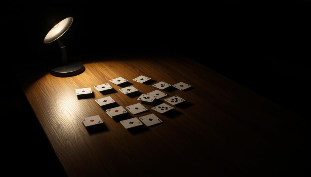 A dimly lit room, with a single spotlight illuminating a wooden table. On the table, a set of playing cards arranged in a seemingly random pattern, casting intricate shadows that suggest an illusion of choice. The cards appear to have a mind of their own, subtly shifting and rearranging, hinting at the manipulation of perception. The background is shrouded in darkness, creating a sense of mystery and unease. The overall mood is one of subtle psychological tension, inviting the viewer to question the nature of choice and the hidden forces that may shape it.