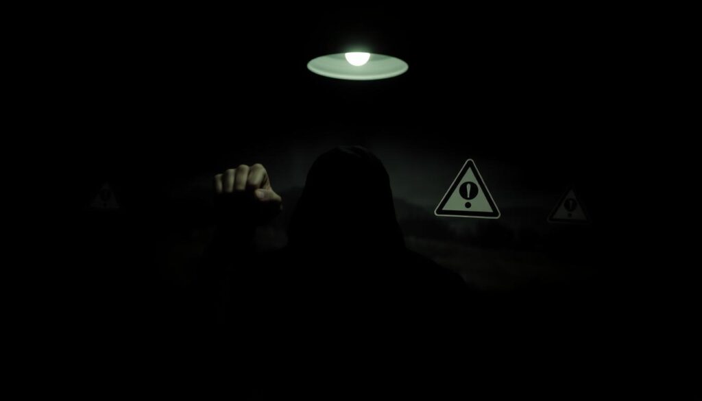 A dimly lit room with heavy shadows, illuminated by a single overhead light casting a harsh, dramatic glow. In the foreground, a figure lurking in the shadows, their face obscured, exuding a menacing presence. In the middle ground, various warning signs materializing: a clenched fist, a sinister sneer, a piercing glare. The background a blurred, ominous landscape, suggesting an unsettling power dynamic. The overall atmosphere is one of unease, manipulation, and the subtle yet palpable signs of intimidation.