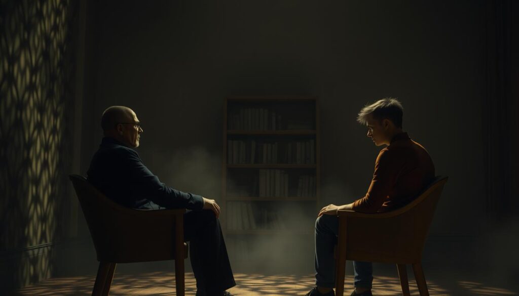 A dimly lit room, with shadows casting intricate patterns across the walls. In the foreground, two figures sit across from each other, their body language tense and guarded. One figure leans forward, a subtle manipulation tactic, while the other recoils slightly, their expression wary. The middle ground is hazy, suggesting an atmosphere of unease and uncertainty. In the background, a bookshelf stands, its titles obscured, hinting at the complexity and layers of this interpersonal dynamic. The lighting is soft and warm, creating a sense of intimacy, yet the overall mood is one of caution and skepticism. The scene is rendered in a realistic style, with attention to detail and a sense of depth, inviting the viewer to delve deeper into the subtle nuances of the relationship.