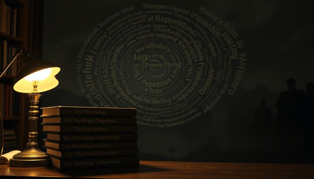 A dimly lit study, illuminated by the warm glow of a single desk lamp. In the foreground, a stack of books, their spines emblazoned with the same title, "The Psychology of Repetition." Behind them, a swirling vortex of cascading words, each one repeating and echoing, creating a mesmerizing visual symphony. The background is a shadowy, abstract landscape, with faint shapes and figures that seem to shift and transform, reflecting the power of repetition to shape our beliefs and perceptions. The scene conveys a sense of introspection and the depth of the human mind's response to patterns and repetition.