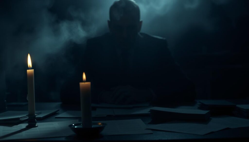 A dimly lit study, shadows cast across a desk where documents lay in disarray. In the foreground, a single candle flickers, its soft glow barely illuminating the scene. The middle ground features a shadowy figure, their face obscured, hands resting on the tabletop, conveying a sense of power and control through the omission of their identity. The background is shrouded in a hazy, atmospheric mist, further emphasizing the air of mystery and secrecy. Crisp, high-contrast lighting creates a moody, cinematic atmosphere, while a slightly wide-angle lens captures the tension and unease of the scene. The overall mood is one of psychological manipulation, where silence and withholding information are the tools of persuasion.
