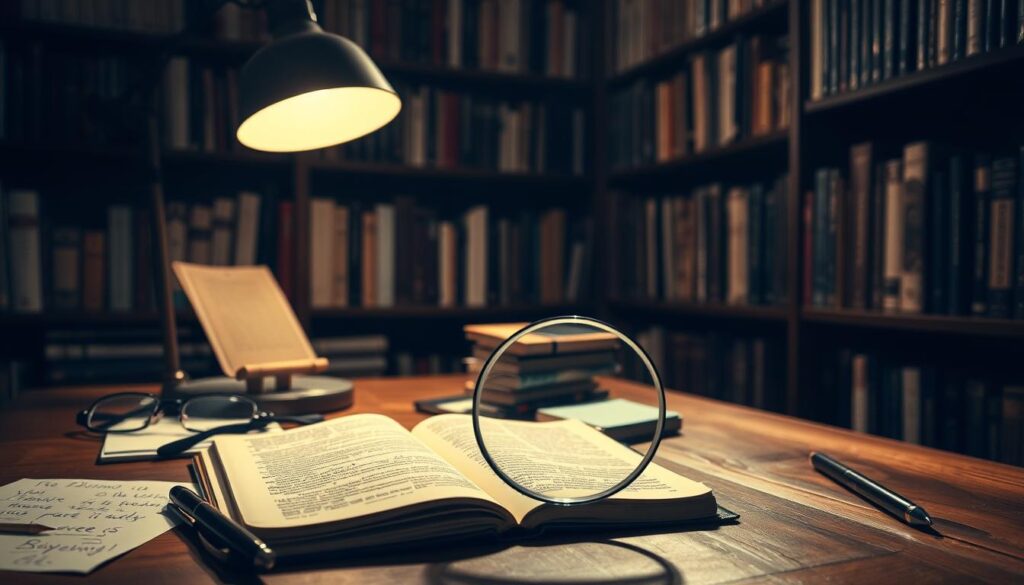A dimly lit study, the warm glow of a desk lamp casting soft shadows across a wooden surface. Atop the desk, an open book lies amidst a scattering of handwritten notes, a pen, and a pair of reading glasses. The background is filled with rows of bookshelves, their spines a tapestry of knowledge. In the foreground, a magnifying glass hovers over a fragment of text, inviting the viewer to scrutinize the details and uncover the deeper insights hidden within. The atmosphere is contemplative, with a sense of purposeful investigation and a quest for understanding. The image conveys the idea of information as a tool for defending one's thoughts, a means to build evidence-based countermeasures against manipulation.