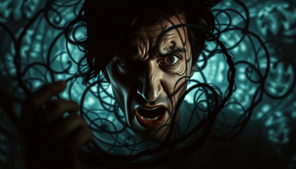 A distorted, fractured face emerges from a swirling vortex of shadows and illusion. Tendrils of manipulation coil and twist, ensnaring the viewer in a web of deception. Harsh, dramatic lighting casts an ominous, chiaroscuro effect, emphasizing the duplicitous nature of the subject. The background is a kaleidoscopic blend of disorienting patterns and abstract shapes, reflecting the manipulator's ability to obfuscate and distort reality. The overall composition conveys a sense of unease, betrayal, and the unsettling power of those who seek to control and manipulate others.