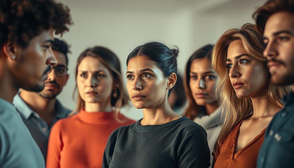 A diverse group of individuals stand against a softly blurred background, their expressions conveying a range of emotions - vulnerability, empathy, and resilience. The lighting is warm and gentle, casting a sense of introspection. The camera angle is slightly elevated, creating a sense of openness and inclusivity. The figures are captured in a variety of poses, some making eye contact, others lost in thought, reflecting the complex nature of emotional manipulation and its impact on different people. The overall atmosphere is contemplative, inviting the viewer to consider the nuances of this important topic.