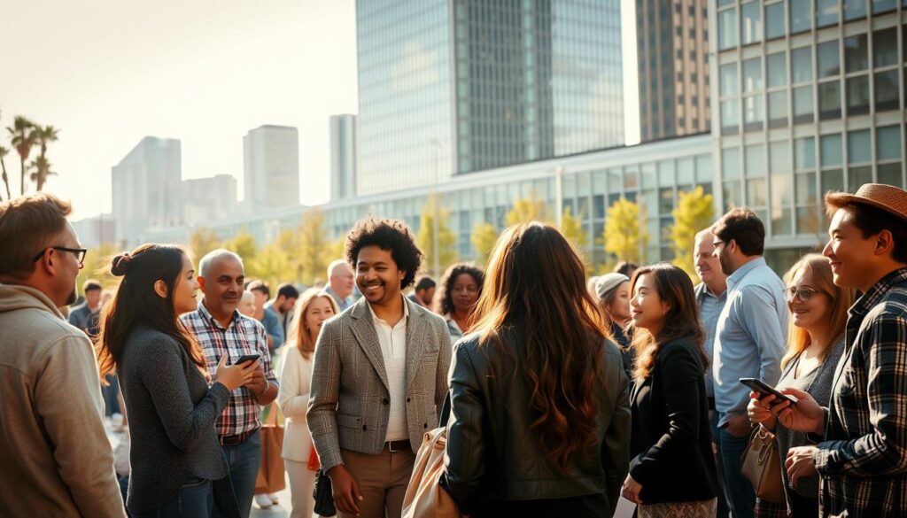 A diverse group of people from different backgrounds, ethnicities, and ages gather in a sunlit urban plaza. In the foreground, a mix of individuals converse animatedly, their gestures and expressions conveying a sense of openness and engagement. The middle ground features a blend of casual and formal attire, representing the varied socioeconomic statuses of the group. In the background, a modern, glass-and-steel skyline rises, symbolizing the urban setting and the integrative nature of this ingroup. Warm, diffused lighting bathes the scene, creating a welcoming and inclusive atmosphere. The composition emphasizes the nuance and complexity within the group, challenging the simplistic "us vs. them" mentality.