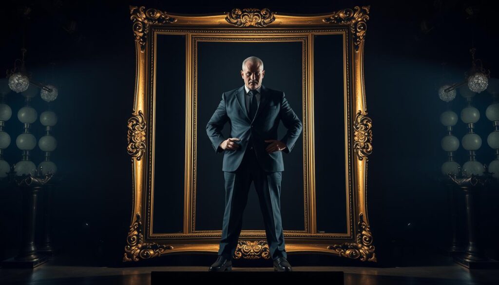 A dramatic and powerful image of "power framing" that visually captures the essence of "The Psychology of Power". The foreground depicts a strong, authoritative figure standing tall, their body language exuding confidence and control. The middle ground features an ornate, gilded frame that surrounds the central figure, symbolizing their elevated status and influence. The background is a dimly lit, shadowy environment, creating a sense of mystery and intensity. Dramatic lighting casts sharp shadows, accentuating the subject's commanding presence. The overall mood is one of authority, ambition, and the pursuit of control, perfectly reflecting the themes of the article section.