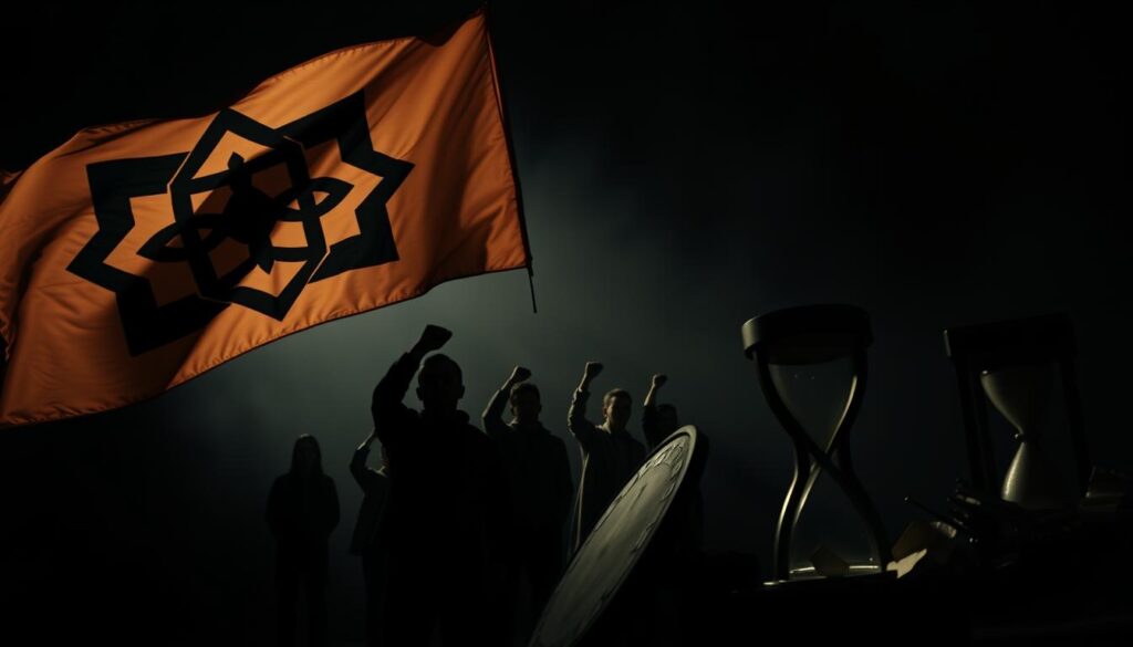 A dramatic, cinematic scene of contrasting symbols representing in-group and out-group mentalities. In the foreground, a large flag with an abstract geometric design flutters in a strong wind, casting dramatic shadows. In the middle ground, a group of people stand with fists raised in a defiant gesture, their faces partially obscured. In the background, a collection of everyday objects - a broken mirror, a cracked bell, a shattered hourglass - symbolize the fragmentation and decay of shared understanding. Moody, chiaroscuro lighting casts an ominous, unsettling atmosphere, underscoring the divisive power of symbolic triggers. Shot with a wide, slightly low angle lens to heighten the sense of looming conflict.