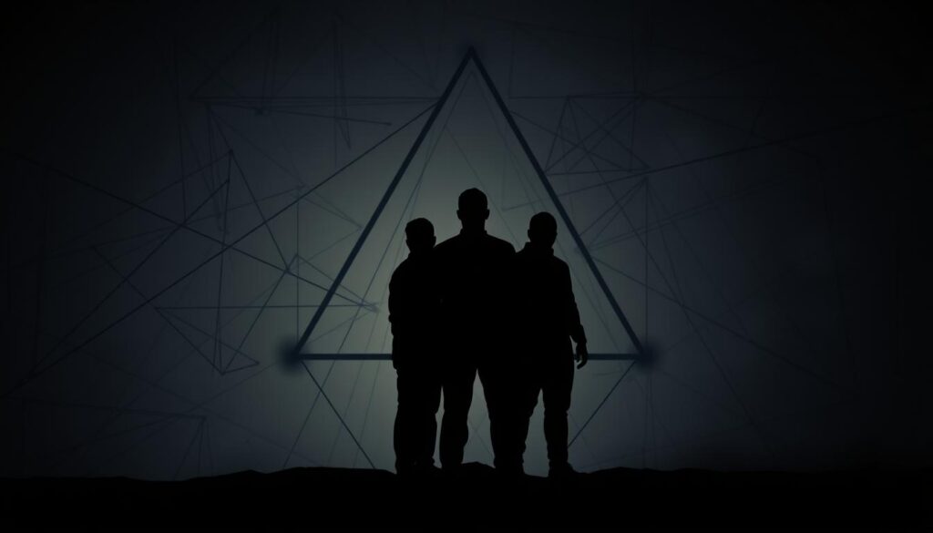 A dramatic, cinematic scene of triangulation unfolding. In the foreground, three shadowy figures stand in a tense triangle, their faces obscured, bodies in sharp contrast against a dimly lit backdrop. The middle ground is a maze of intersecting lines, geometric shapes, and abstract patterns, hinting at the complex web of manipulation and control. The background is shrouded in a sense of unease, with muted colors and a moody, chiaroscuro lighting that creates an atmosphere of tension and mystery. The overall composition suggests the engine of exclusion, the intricate mechanics of social control tactics, as described in the article's section on triangulation.