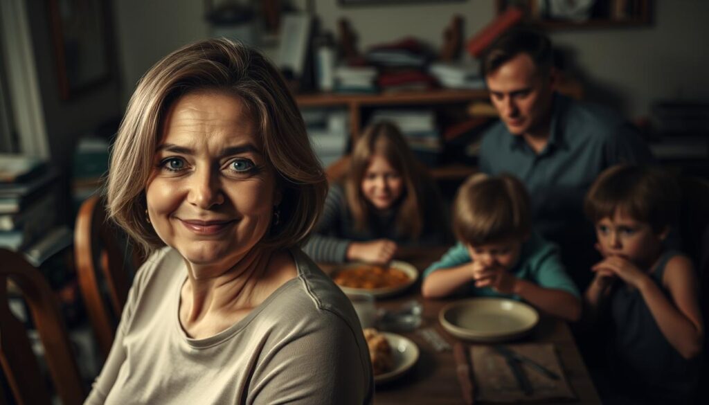 A family gathered around a dining table, their expressions concealing hidden tensions. In the foreground, a mother smiles tightly, her eyes betraying a facade of false cheer. The father, slouched in his chair, averts his gaze, while the children, fidgeting uncomfortably, struggle to maintain a veneer of normalcy. The dim, muted lighting casts long shadows, creating an atmosphere of unease and subtle deception. The scene is framed by a cluttered background, hinting at the complexities and conflicting emotions that lie beneath the surface of this seemingly "perfect" family.
