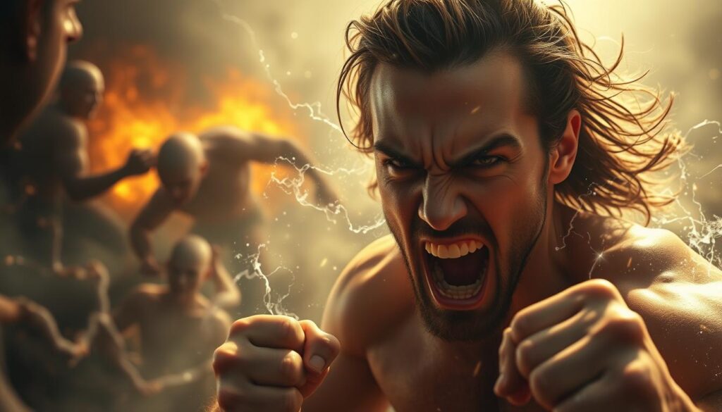 A fierce, dynamic scene of the fight-or-flight response. In the foreground, a person's face reflects intense focus, eyes narrowed, brow furrowed, jaw clenched - the look of primal determination. Their body is tense, poised for action, hands clenched into fists. Surrounding them, shimmering energy fields pulsate with power, hinting at the inner turmoil and adrenaline coursing through their veins. In the background, a turbulent, swirling environment with dramatic lighting and shadows, evoking the chaos and uncertainty of the moment. Hints of an egotistical struggle can be seen in the background, a visual metaphor for the inner battle taking place. The overall atmosphere is one of high stakes, danger, and the instinctual drive for survival.