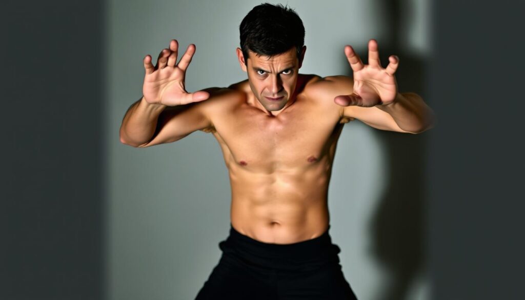 A figure standing in a defensive posture, weight evenly distributed on the balls of their feet, knees slightly bent, torso turned sideways to protect the vital organs. Hands raised in a guarded stance, elbows tucked close to the body, creating a protective barrier. The gaze is focused, eyes narrowed, brow furrowed, conveying a sense of alertness and readiness to respond. The lighting is dramatic, casting strong shadows that accentuate the angular lines of the stance, creating a sense of tension and power. The background is blurred, placing the emphasis on the subject's body language and their defensive position.