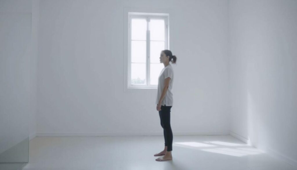 A figure standing in a tranquil, minimalist room, their form slightly blurred, conveying a sense of emotional distance. Muted tones of gray, white, and soft blue create an atmosphere of serenity and introspection. Soft, diffused lighting from a single window casts a gentle glow, highlighting the subject's pensive expression. The background is sparse, with only a few simple, geometric shapes, emphasizing the focus on the central figure and their internal state. The overall impression is one of a healthy, intentional detachment - a conscious letting go of attachments without completely severing connection.