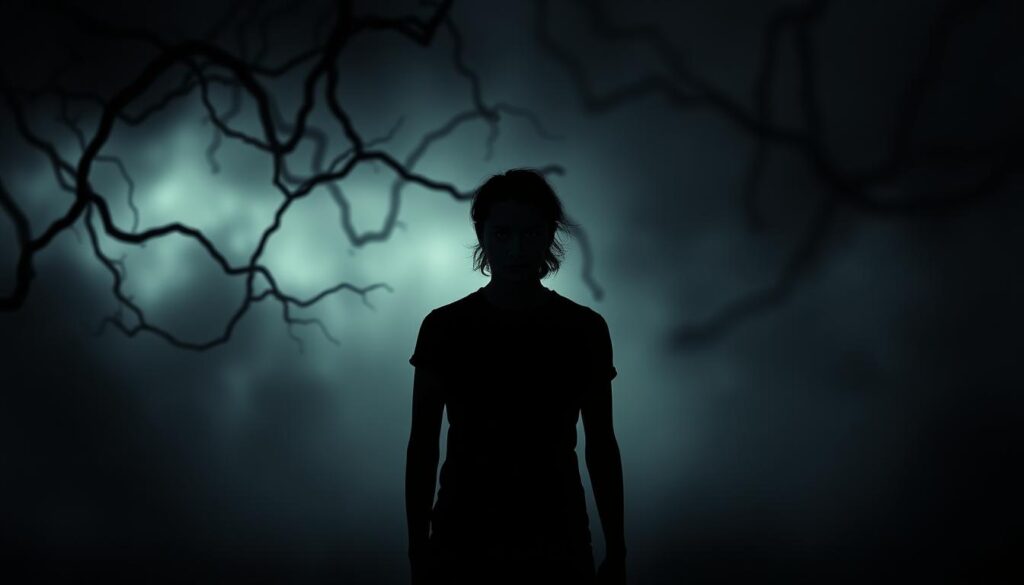 A figure stands alone, emotionally detached, as the world around them swirls with shadowy tendrils of manipulation. Dramatic chiaroscuro lighting casts dramatic shadows, emphasizing the subject's neutral expression and unwavering gaze. The background is a blurred, unsettling landscape, hinting at the toxic emotional environment. The composition is balanced, with the figure in the center, projecting an aura of control and composure. The overall mood is one of emotional resilience and dispassionate observation, capturing the essence of "staying emotionally neutral to starve their control loop".