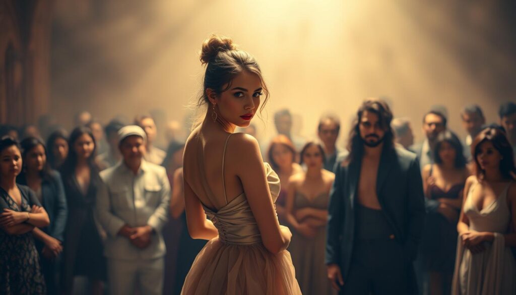 A flattering figure in the foreground, adorned in a flowing gown, gazes coyly at the viewer. Soft lighting casts a warm, seductive glow, creating an atmosphere of subtle manipulation. In the middle ground, a crowd of onlookers watches intently, their expressions a mix of admiration and unease. The background is a hazy, dreamlike setting, hinting at the power dynamics at play. The entire scene conveys a sense of social control, where flattery is wielded as a tool to influence and captivate.
