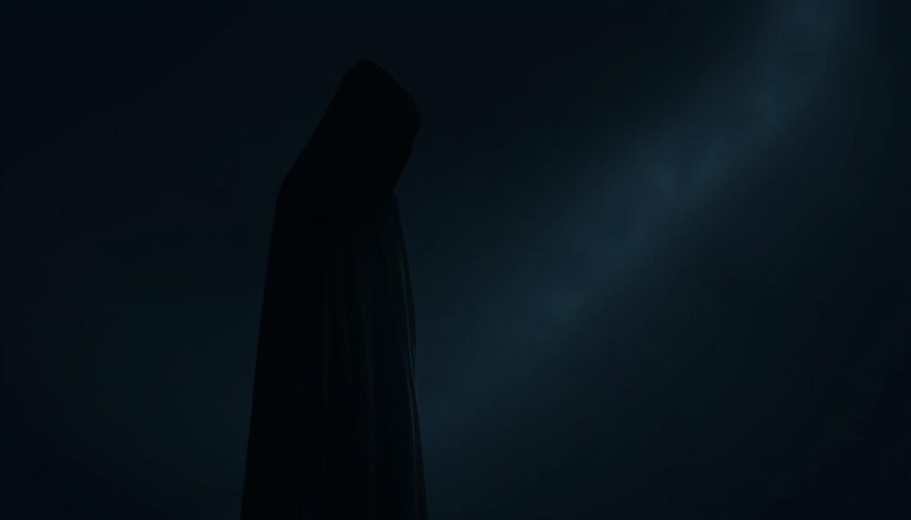 A foreboding figure, clad in shadows, stands solitary in a void of darkness. Glimmers of light pierce the veil, casting an eerie glow that accentuates the subject's haunting presence. The background is a muted, monochromatic expanse, devoid of distractions, allowing the viewer to focus solely on the central figure and the unsettling atmosphere it emanates. The lighting is dramatic, creating deep, dramatic contrasts and a sense of isolation. The composition is balanced, with the subject positioned slightly off-center, creating a sense of unease. The overall mood is one of unease, vulnerability, and the heavy weight of a silence that imprisons rather than protects.