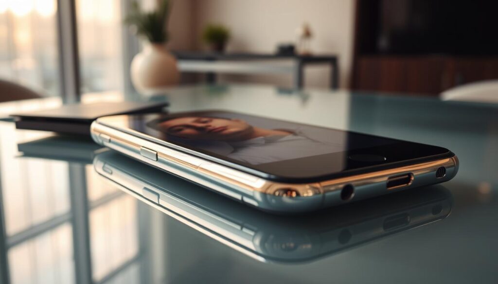 A gleaming, high-end smartphone lying on a polished glass table, its sleek edges catching the soft, warm light from an unseen window. The device's screen reflects the distorted image of the user, their face partially obscured, hinting at their desire for external validation through technological status. In the background, a muted office setting with minimalist decor, conveying a sense of modern, professional detachment. The composition suggests an intimate yet impersonal relationship between the user and their device, a digital tether that has become a symbol of social standing.