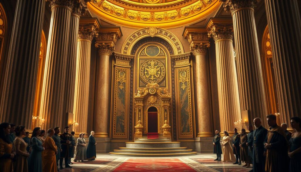 A grand, opulent throne room with towering columns and gilded arches. Soft, warm lighting casts a regal glow, drawing the eye to a magnificent throne at the center, its ornate design and elevated position signifying power and authority. Courtiers in lavish attire stand in deference, their posture and expressions communicating the gravity of status and hierarchy. The air is thick with a palpable sense of reverence and obedience, a visual representation of the psychology behind the human desire for status and belonging within established social structures.