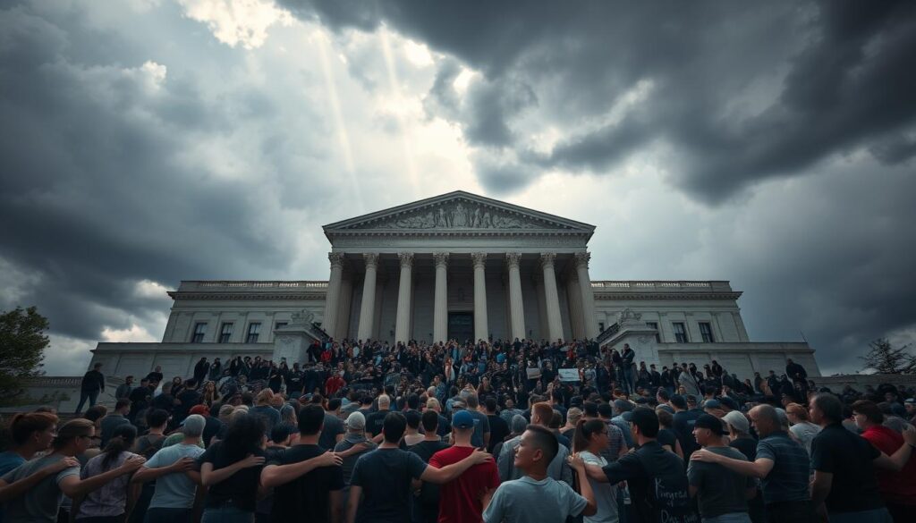 A grand staircase leading up to an imposing government building, its columns and facade evoking strength and authority. In the foreground, a determined crowd gathers, arms linked, forming a united line of defense against any encroachment. The sky is heavy with storm clouds, casting a somber, dramatic light over the scene. Beams of sunlight pierce through, illuminating the faces of the steadfast protesters. The camera angle is low, emphasizing the solidity and resolve of those standing their ground, ready to protect the agency they hold dear. This image conveys a sense of civic duty, collective action, and unwavering determination in the face of manipulative forces.