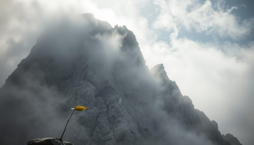 A gray, jagged rock formation stands tall, its edges sharp and unyielding. Swirling mist partially obscures the scene, creating an aura of mystery and detachment. In the foreground, a single leaf drifts languidly, symbolizing the fragility and impermanence of emotional boundaries. The lighting is soft and diffuse, casting a contemplative mood over the landscape. The camera angle is slightly low, emphasizing the rock's imposing presence and the sense of strategic defense. This image evokes the idea of setting clear limits, maintaining emotional distance, and communicating with deliberate, measured responses - the "countermoves" necessary to navigate a narcissistic relationship.