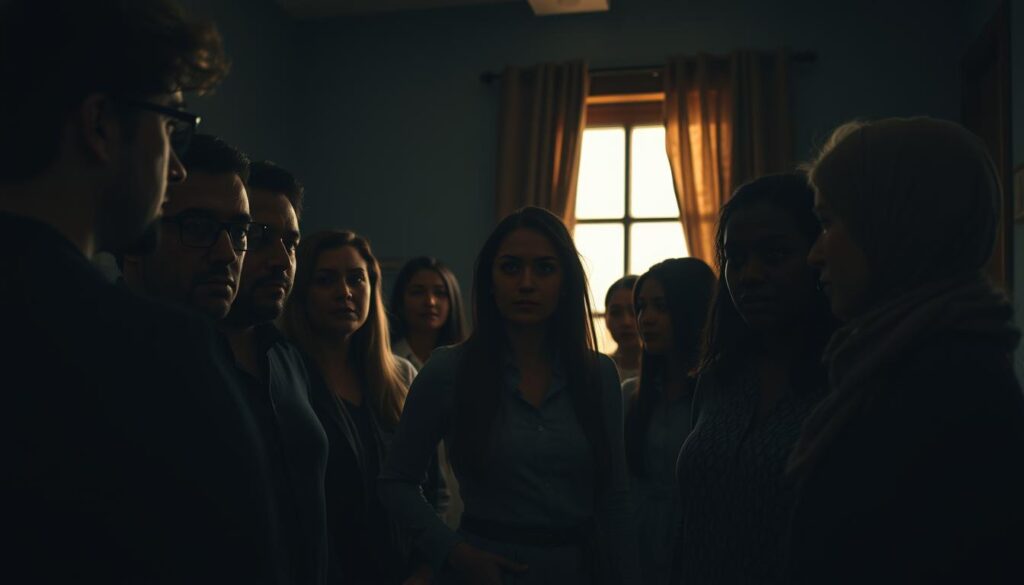 A group of diverse individuals stands in a dimly lit room, their faces illuminated by the soft glow of a nearby window. They are engaged in a deep conversation, their body language suggesting intense concentration and deliberation. The scene is captured through a wide-angle lens, creating a sense of depth and intimacy. The lighting is moody, with shadows casting intriguing patterns across the faces of the subjects, hinting at the complexity of the decisions they are navigating. The overall atmosphere evokes a sense of introspection and the weight of the choices they must make.