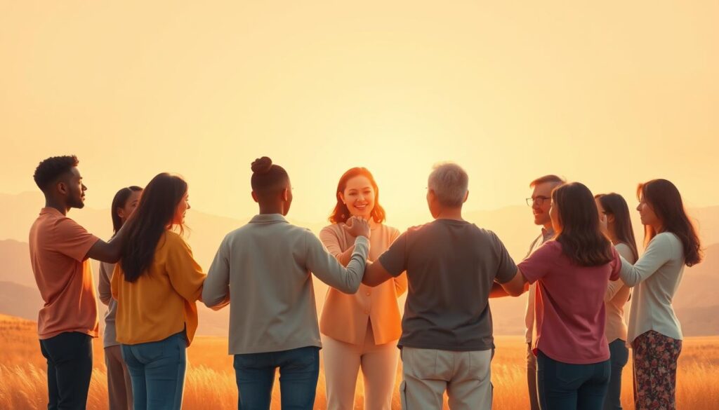 A group of diverse people standing in a circle, their hands clasped together in a gesture of unity and trust. The scene is bathed in warm, golden light, creating a sense of camaraderie and safety. In the background, a minimalist, abstract landscape serves as a serene backdrop, emphasizing the centrality of the team. The figures are rendered with a soft, painterly style, their expressions conveying a sense of mutual understanding and shared purpose. The overall atmosphere evokes a feeling of empowerment, resilience, and the strength that arises from a foundation of trust and collaboration.