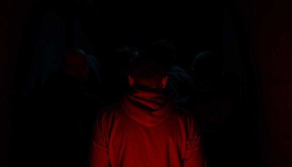A group of individuals huddled together, their faces obscured by shadows, creating an ominous atmosphere. The scene is set in a dimly lit, claustrophobic space, with a sense of isolation and tension palpable. The lighting is moody, with a warm, amber glow casting an eerie hue over the group, creating a sense of unease. The composition is tight, focusing on the tightly knit group, their body language suggesting a sense of conformity and a lack of independent thinking. The overall mood is one of a hive-mind mentality, where individuality is suppressed in favor of group cohesion, reflecting the conditions that breed groupthink.