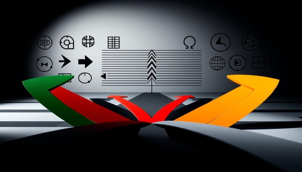 A high-contrast, sharply focused image depicting various directional cues that guide the viewer's gaze. In the foreground, a set of interlocking arrows in bold colors point inwards, drawing the eye towards the center. The middle ground features a series of parallel lines and gradient shapes, creating a sense of depth and perspective. In the background, a minimalist arrangement of geometric symbols and abstract patterns subtly suggest alternative paths and hidden meanings. The lighting is dramatic, with strong shadows and highlights accentuating the visual hierarchy. The overall aesthetic is sleek, sophisticated, and slightly cerebral, evoking a sense of subtle power dynamics and unspoken social cues.
