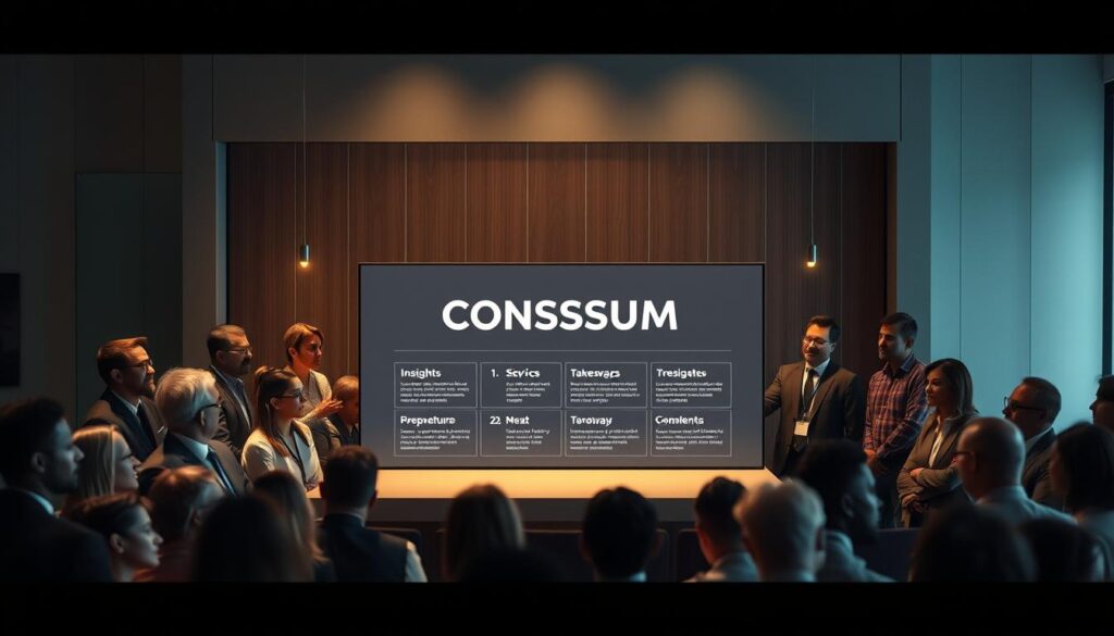 A high-impact, authoritative visual embodiment of a group consensus, captured with a cinematic flair. In the foreground, a collective of diverse individuals, their expressions conveying a shared sense of understanding and determination. Midground, a sleek, minimalist presentation platform showcasing key insights and takeaways, illuminated by dramatic lighting. In the background, a neutral, yet sophisticated environment, hinting at the power and influence of the consensus. Rendered with a polished, professional aesthetic that evokes a sense of gravitas and persuasive authority.