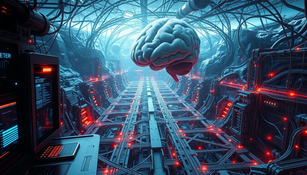 A high-security facility nestled within a complex neural network. In the foreground, a sleek, futuristic interface with biometric scanners and holographic displays, guarding the fragile synapses and firing neurons of the brain's most vital assets. The middle ground is a labyrinth of neon-lit pathways, encryption protocols, and advanced firewalls, pulsing with the rhythmic energy of cognitive processes. In the background, a vast, three-dimensional landscape of the mind, where towering cerebral cortices and intricate dendrite forests converge, protected by a formidable array of defenses against external threats and biased influences. Crisp, cinematic lighting illuminates the scene, casting dramatic shadows and highlighting the delicate balance between the brain's vulnerability and its capacity for resilience.