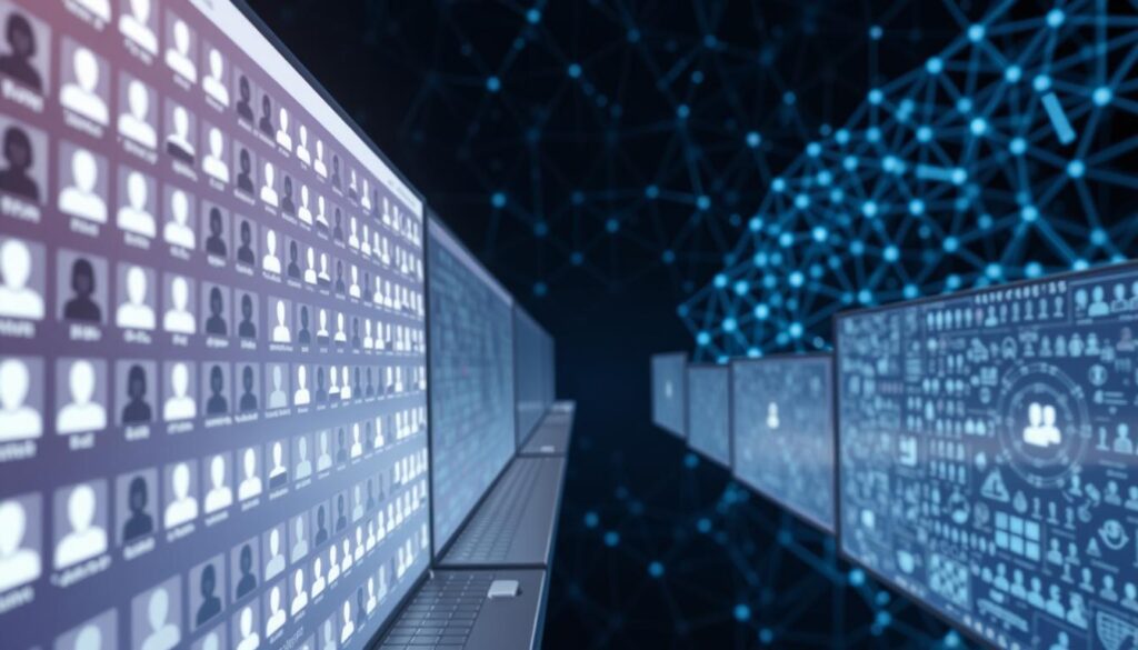 A highly targeted, data-driven microcosm of digital advertising, featuring a series of minimalist, hyper-personalized screens. Illuminated by a soft, diffused light, the foreground displays a mosaic of intricate user profiles, each represented by a sleek, abstract icon. In the middle ground, algorithms crunch endless streams of behavioral data, generating precisely tailored messaging. The background is a kaleidoscope of geometric patterns, symbolizing the complex web of algorithmic decision-making that powers this digital microtargeting ecosystem. The overall mood is one of clinical precision, subtly hinting at the powerful, yet unseen psychological forces at work.