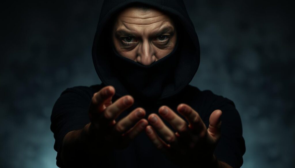 A manipulator, their face shrouded in shadow, stands before a dimly lit backdrop. Their expression is deceptive, a mask of feigned innocence concealing a calculating gaze. In the foreground, their hands are poised, fingers intertwined, hinting at the subtle machinations beneath the surface. The middle ground is hazy, suggesting the obfuscation and misdirection that are the tools of their trade. The background is a swirling vortex of muted colors, evoking the tumultuous emotional landscape they seek to navigate and exploit. The overall atmosphere is one of unease and tension, a reflection of the dark psychology that empowers their manipulative ways.