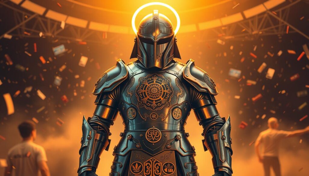 A metallic suit of armor stands resolute, adorned with symbols of daily habits that fortify the mind. In the foreground, intricate patterns of meditation, exercise, and mindfulness entwine, creating a protective exoskeleton. The middle ground features gleaming runes of healthy sleep, nutritious meals, and hydration, imbuing the armor with resilience. The background is a swirling maelstrom of distractions and stress, yet the armor remains unwavering, a testament to the power of cultivating strong, disciplined habits. Warm, golden lighting casts a halo around the armor, conveying a sense of inner strength and determination. The scene is captured through a wide-angle lens, emphasizing the towering presence of this "habits armor" and its ability to shield the wearer from the turbulence of the modern world.