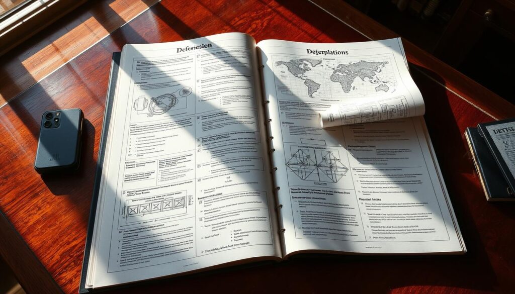 A meticulously designed defensive playbook lies open on a mahogany desk, its pages covered in intricate diagrams, strategies, and tactical notes. The low-angle perspective creates a sense of authority and importance, as if the viewer is studying the playbook alongside a seasoned tactician. Warm, directional lighting from a nearby window casts dramatic shadows, highlighting the complexity and gravity of the subject matter. The overall mood is one of focused determination, a blueprint for navigating and resisting social manipulation.