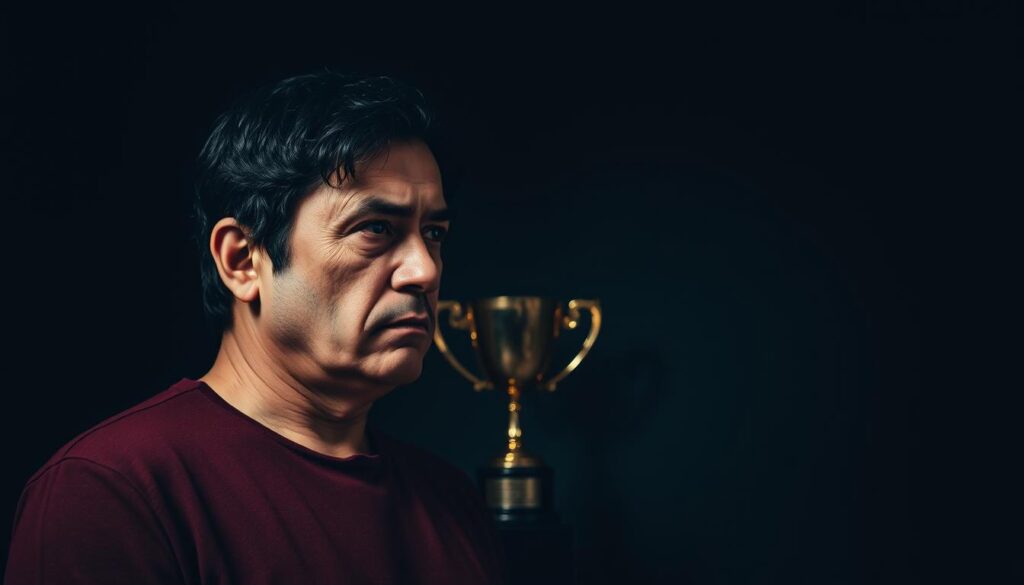 A pensive figure, their countenance etched with a mixture of envy and resentment, stands in the foreground. Their gaze is fixed upon a gleaming trophy, a symbol of success they covet. The background is a dimly lit, oppressive space, with shadows creeping in from the edges, hinting at the corrosive nature of this emotion. Muted colors and a moody, almost cinematic lighting create a sense of tension and unease. The composition is balanced, with the figure and trophy occupying the center, drawing the viewer's attention to the core of the scene. The overall atmosphere conveys the complex and often manipulative nature of envy, as explored in the article's subject matter.
