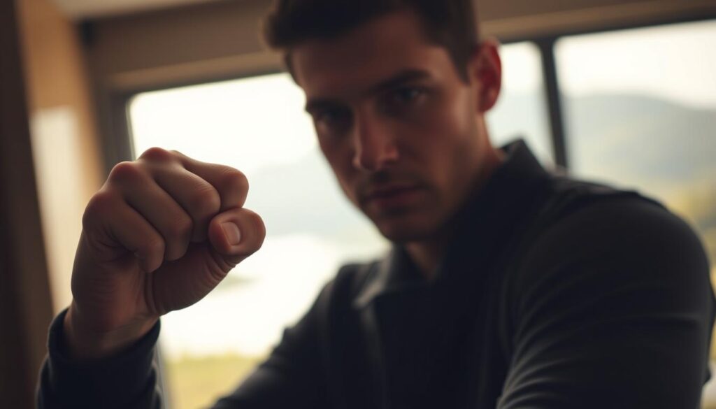 A person in a high-pressure situation, framed by a calm, serene backdrop. Soft, diffused lighting illuminates their face, revealing a focused, determined expression as they navigate the challenge. The foreground depicts a tightly clenched fist, symbolizing the mental fortitude required to reframe adversity. The middle ground shows the individual's upper body, maintaining a poised, grounded posture. In the background, a blurred natural landscape conveys a sense of tranquility, hinting at the inner peace that can be found amidst external stressors. Overall, the image captures the essence of leveraging evidence-based cognitive training to strengthen one's mental armor and thrive under pressure.