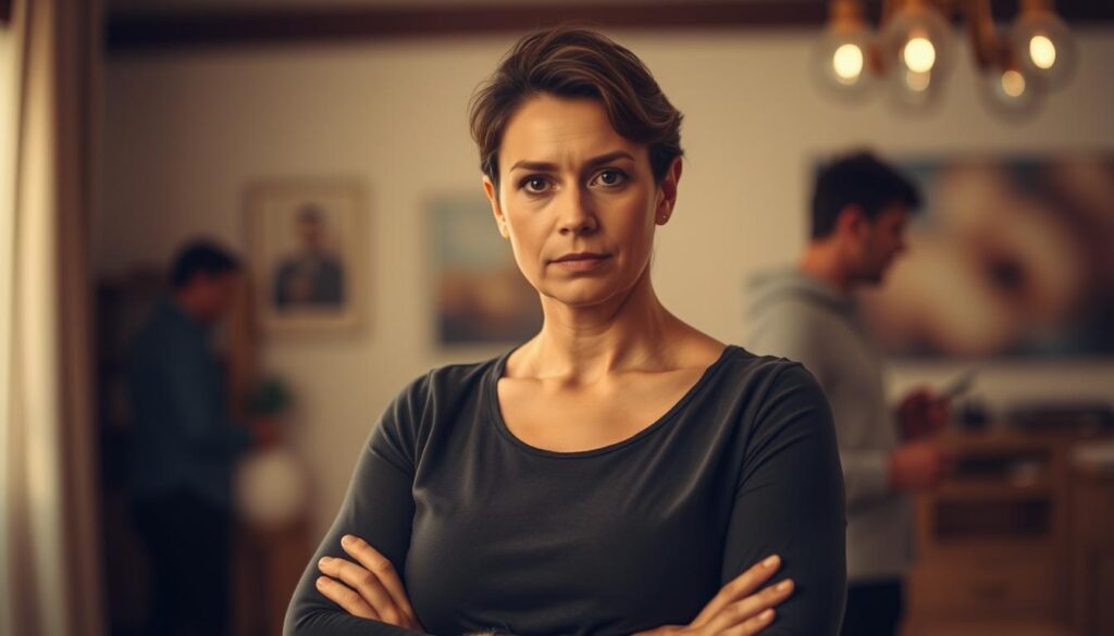 A person standing firm, shoulders squared, eyes level, conveying a sense of resolute yet compassionate presence. In the background, a softly blurred scene of a room or setting, hinting at the context of a personal interaction. Lighting is warm and gentle, lending an atmosphere of thoughtful engagement. The overall mood is one of mindful, grounded responsiveness - a visual representation of how to skillfully address deflection with clarity, empathy and appropriate boundaries.