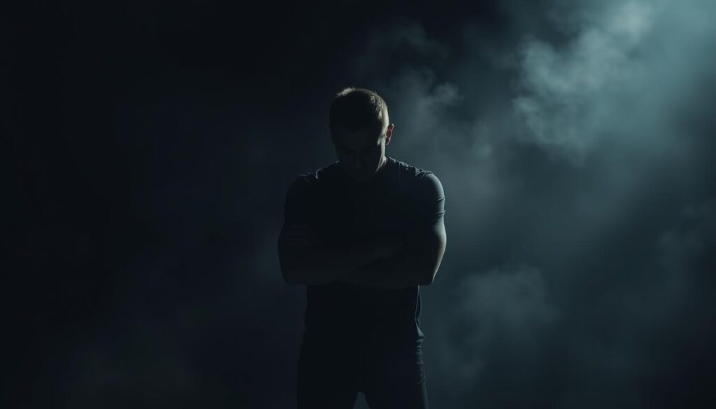 A person standing in a dim, shadowy room, their face partially obscured, shoulders hunched, arms folded defensively. Surrounding them, a haze of gray mist, creating an atmosphere of isolation and self-pity. The lighting casts long, dramatic shadows, accentuating the subject's sense of victimhood. In the background, a barren, featureless landscape, devoid of any signs of support or empowerment. The overall mood is one of helplessness, resentment, and a deep-seated belief that the world is against them.