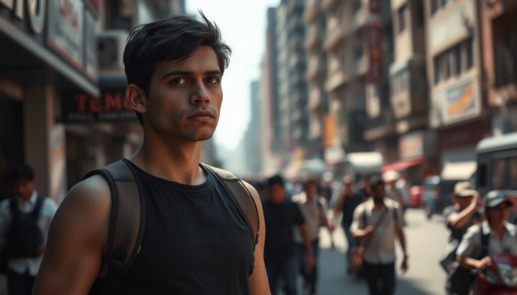 A person standing with heightened alertness, their eyes scanning the environment with keen focus. Subtle tension in their shoulders, feet planted firmly, ready to react. The lighting is natural, casting shadows that accentuate their vigilant expression. The background is a bustling urban setting, with a sense of potential danger lurking in the periphery. The overall atmosphere conveys a state of heightened awareness, a preparedness to meet any challenge that may arise.