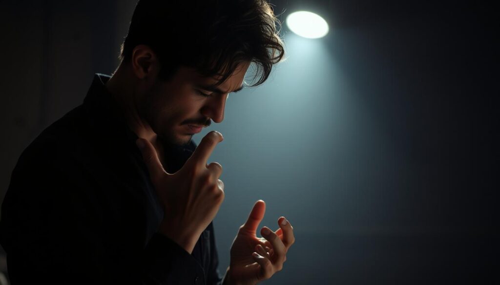 A person under intense pressure, fidgeting and avoiding eye contact, their body language betraying their discomfort. The scene is bathed in a harsh, interrogative light, casting dramatic shadows that accentuate the subject's nervous tics and subtle gestures. The background is blurred and indistinct, keeping the focus on the individual's nonverbal cues. The overall mood is tense and unsettling, hinting at the inner turmoil and deception bubbling beneath the surface.