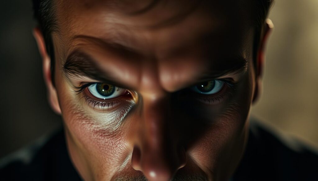 A piercing gaze that commands attention, a hypnotic stare that holds the room captive. Intense eye contact, unwavering and penetrating, radiating a subtle power that manipulates and controls. Dramatic lighting casts deep shadows, creating an air of mystery and unease. The subject's eyes, bright and focused, bore into the viewer, projecting an aura of confidence and dominance. The background is hazy, blurred, drawing all focus to the mesmerizing gaze - a window to the soul, a tool of influence and persuasion. Subtle details, like the tilt of the head and the slight narrowing of the eyes, heighten the sense of calculated intention. This is the gaze of a master manipulator, a master of the dark arts of psychology.