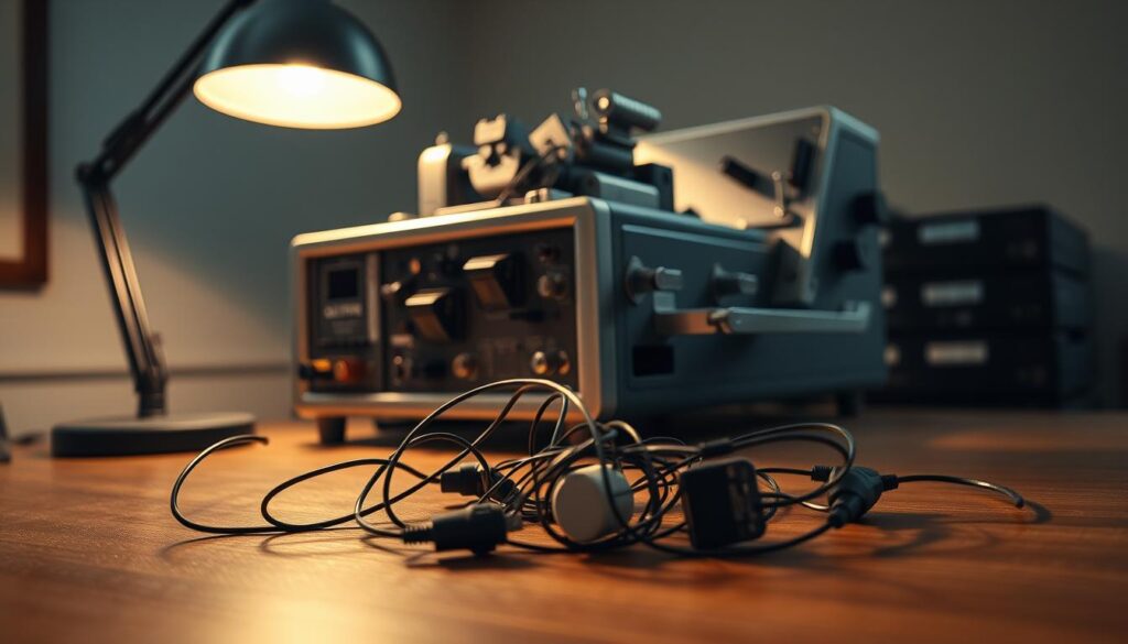 A polygraph machine, its intricate components precisely engineered, sits atop a polished wooden desk. The device's metal casing gleams under the warm glow of a desk lamp, casting subtle shadows that accentuate its functional design. In the foreground, a set of sensors and electrodes are visible, their wires snaking across the surface, conveying the tension and gravity of the situation. The background is softly blurred, hinting at a clinical, institutional setting, where the pursuit of truth hangs in the balance. The overall atmosphere is one of thoughtful contemplation, as the machine stands ready to measure the involuntary physiological responses that may reveal the hidden truths of the human mind.
