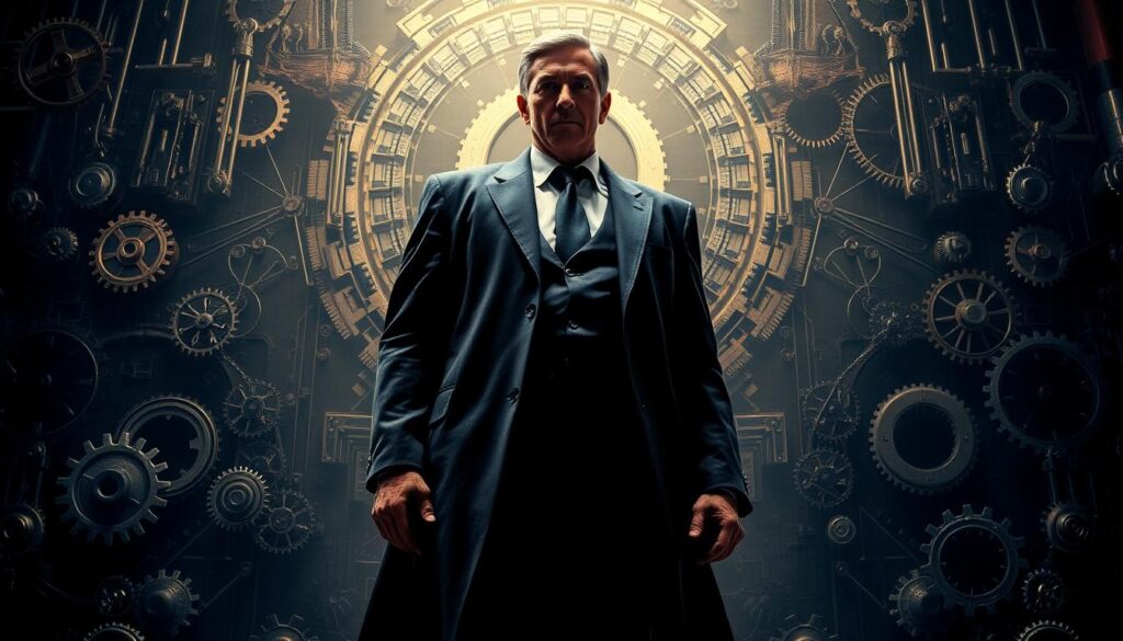 A powerful, authoritative figure stands tall, emanating an aura of unwavering control. Dramatic lighting casts bold shadows, accentuating the determined expression and commanding presence. In the background, a matrix of intricate gears and machinery symbolizes the mechanisms of influence and manipulation. The scene conveys a sense of uncompromising authority, challenging the viewer to remain vigilant against the subtle forces that can shape their reality.