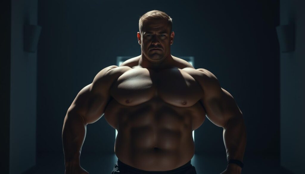 A powerful, commanding figure stands in the center of the frame, their body language radiating an air of authority and control. Broad shoulders are squared, chin held high, and gaze directed unflinchingly forward. The lighting casts dramatic shadows, emphasizing the subject's chiseled features and imposing presence. In the background, a dimly lit, minimalist environment provides a sense of solitude and focus, drawing the viewer's attention solely to the dominant, assertive posture of the central figure. The overall mood is one of unwavering confidence and the ability to command a room with sheer force of will.