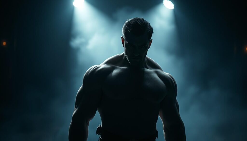 A powerful, mysterious figure stands in the foreground, their gaze intense and commanding. Their body language exudes an aura of dominance, with broad shoulders and a commanding posture. The middle ground is shrouded in a hazy, dreamlike atmosphere, creating a sense of intrigue and allure. In the background, a dimly lit, moody environment sets the stage, with shadows and subtle highlights adding depth and drama. The lighting is dramatic, casting dramatic shadows and highlights that accentuate the powerful presence of the central figure. The overall mood is one of attraction and submission, a silent battle of wills between the dominant and the submissive.