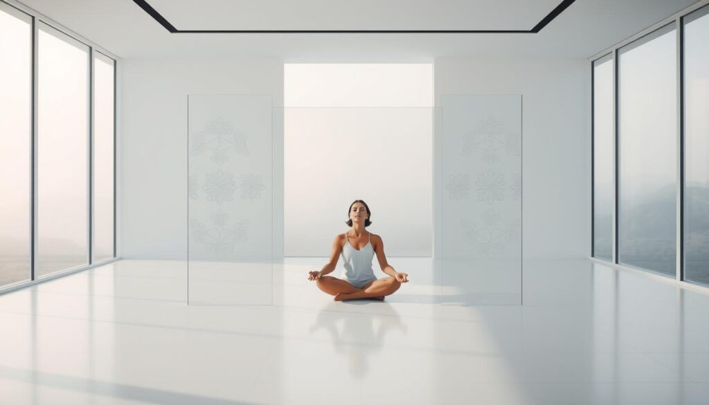 A pristine, minimalist white room with floor-to-ceiling windows that flood the space with soft, natural light. In the center, a set of transparent glass boundaries, delicately etched with intricate patterns, demarcate a personal sphere. The boundaries appear fragile yet strong, conveying a sense of empowerment and protection. In the foreground, a serene figure sits cross-legged, eyes closed, exuding a calm, centered presence. The background fades into a hazy, dreamlike landscape, suggesting the importance of establishing boundaries to maintain one's inner peace and clarity.