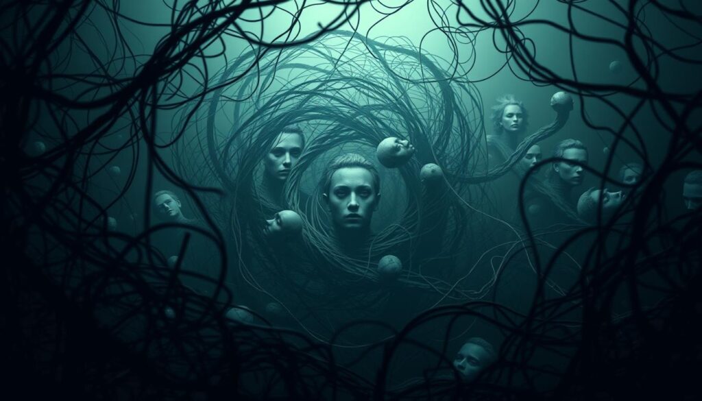 A psychologically charged scene of interconnected loops and spirals, casting an eerie, unsettling atmosphere. In the foreground, a tangled web of shadowy threads and tendrils, hinting at the complex, self-reinforcing nature of deception. The middle ground features a swirling vortex of disembodied faces, their expressions shifting between false sincerity and unsettling blankness, conveying the psychological manipulation at the heart of the lie. In the background, a distorted, fractured landscape of fragmented mirrors and distorted reflections, symbolizing the distorted reality that liars seek to create and maintain. Dim, moody lighting casts deep shadows, heightening the sense of unease and unraveling trust. The overall composition suggests the inescapable, self-perpetuating nature of deception, where lies beget more lies in a never-ending psychological loop.