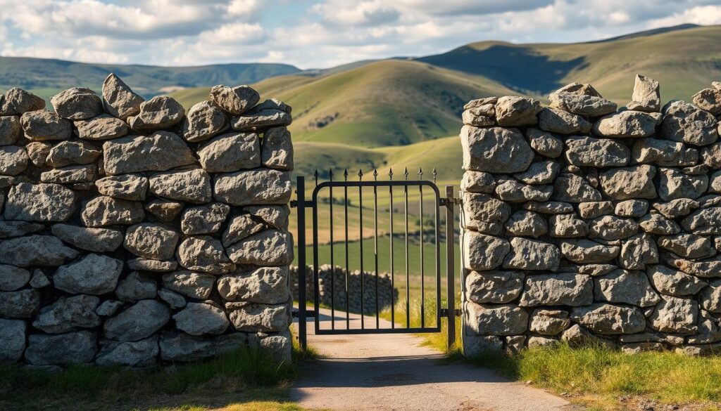 A rugged, weathered boundary wall stands resolute, its rough-hewn stones testifying to the pressures it has withstood. Sunlight casts dramatic shadows across its surface, lending an air of solidity and permanence. In the middle ground, a sturdy metal gate swings open, hinting at the protected realm beyond. The background is a landscape of rolling hills, their verdant slopes suggesting a tranquil, pastoral setting. This boundary, though simple in design, exudes an aura of strength and resilience - a metaphor for the role of support systems in defending against external threats.